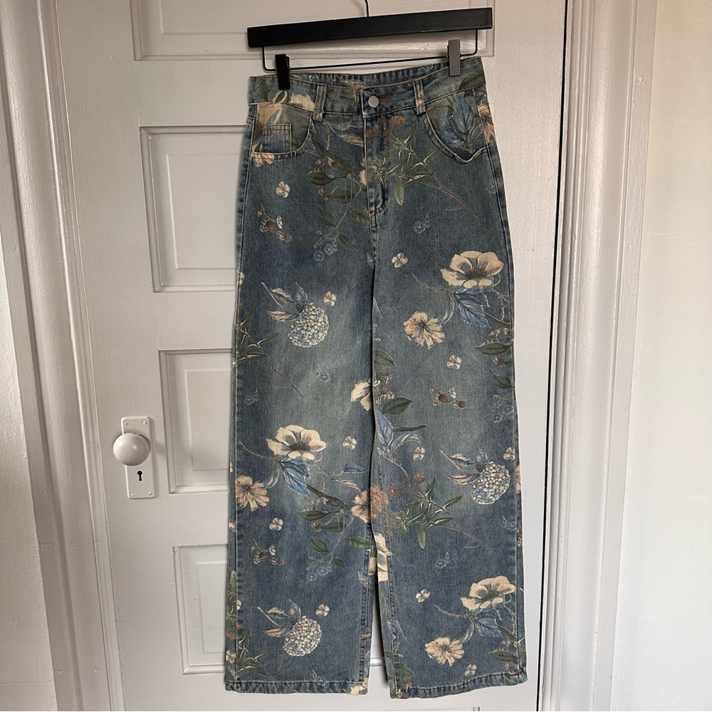 Floral printed wide leg high waisted jeans